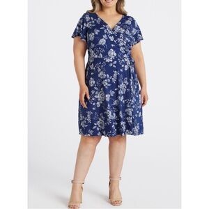 Fortune & Ivy Blue & White Floral Irene Faux Wrap Dress Womens Size 1X
